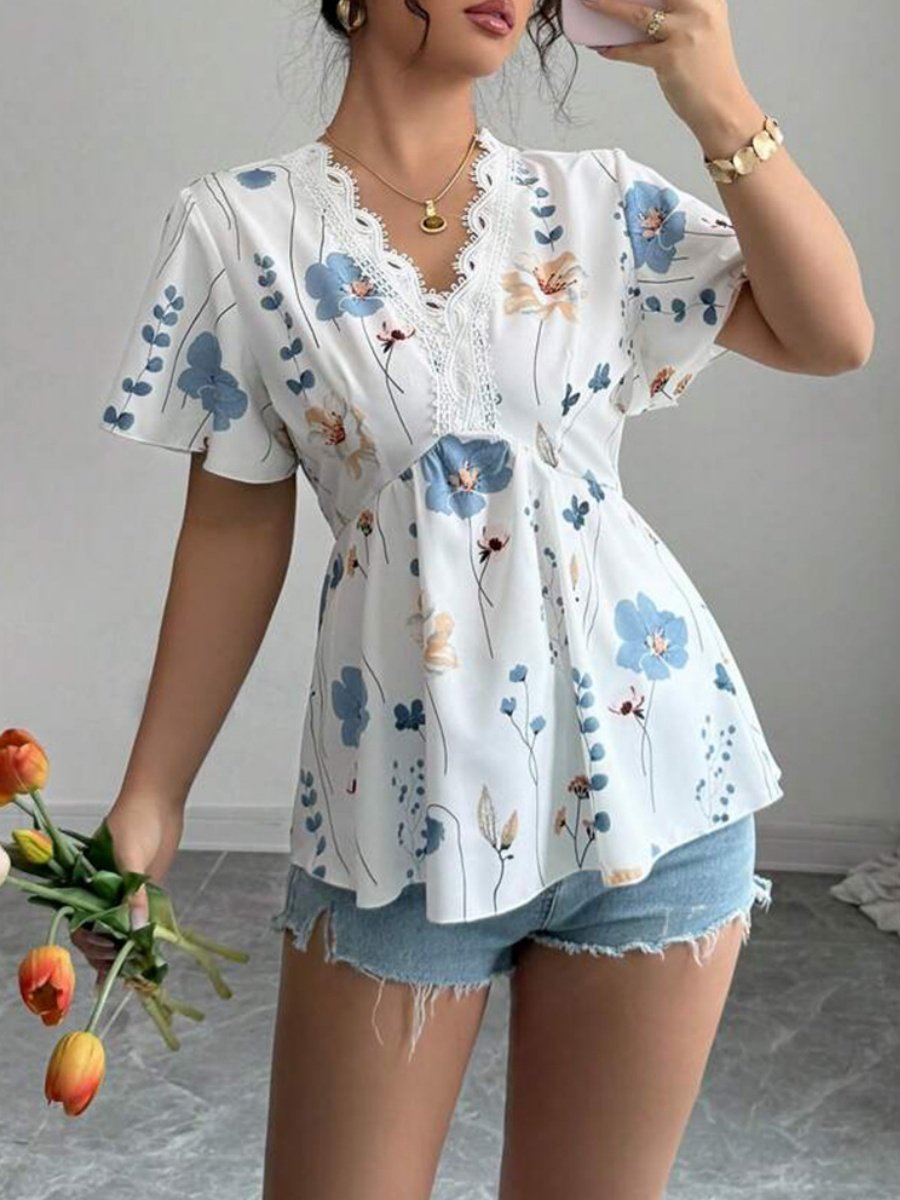 Damen Unifarben Kurzarm T-Shirts T-Shirt V-Ausschnitt Stickerei Lässig Sommer Tunika Oberteile