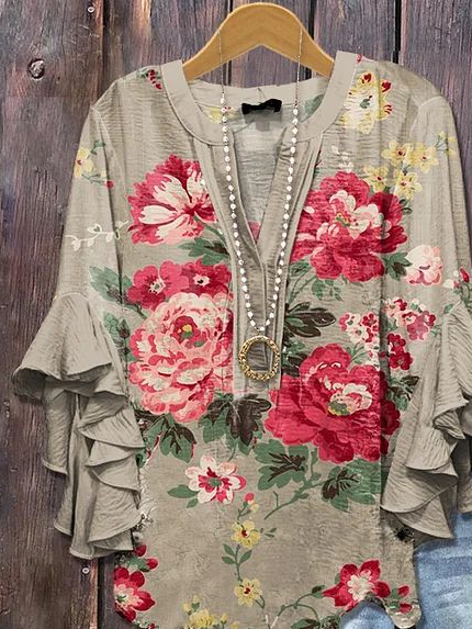 Damen Geblümt Halbarm Bluse Sommer Print V-Ausschnitt Täglich Lässig Oberteile