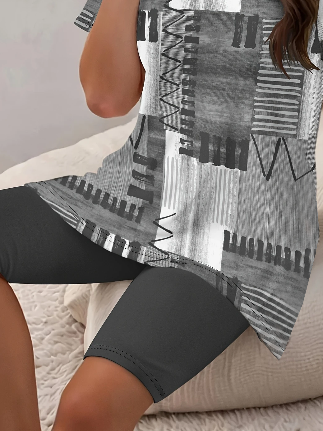 Damen Abstrakt Print Zweiteiliges Set Täglich Kurzarm Lässig Sommer Bluse mit Hose Matching Set