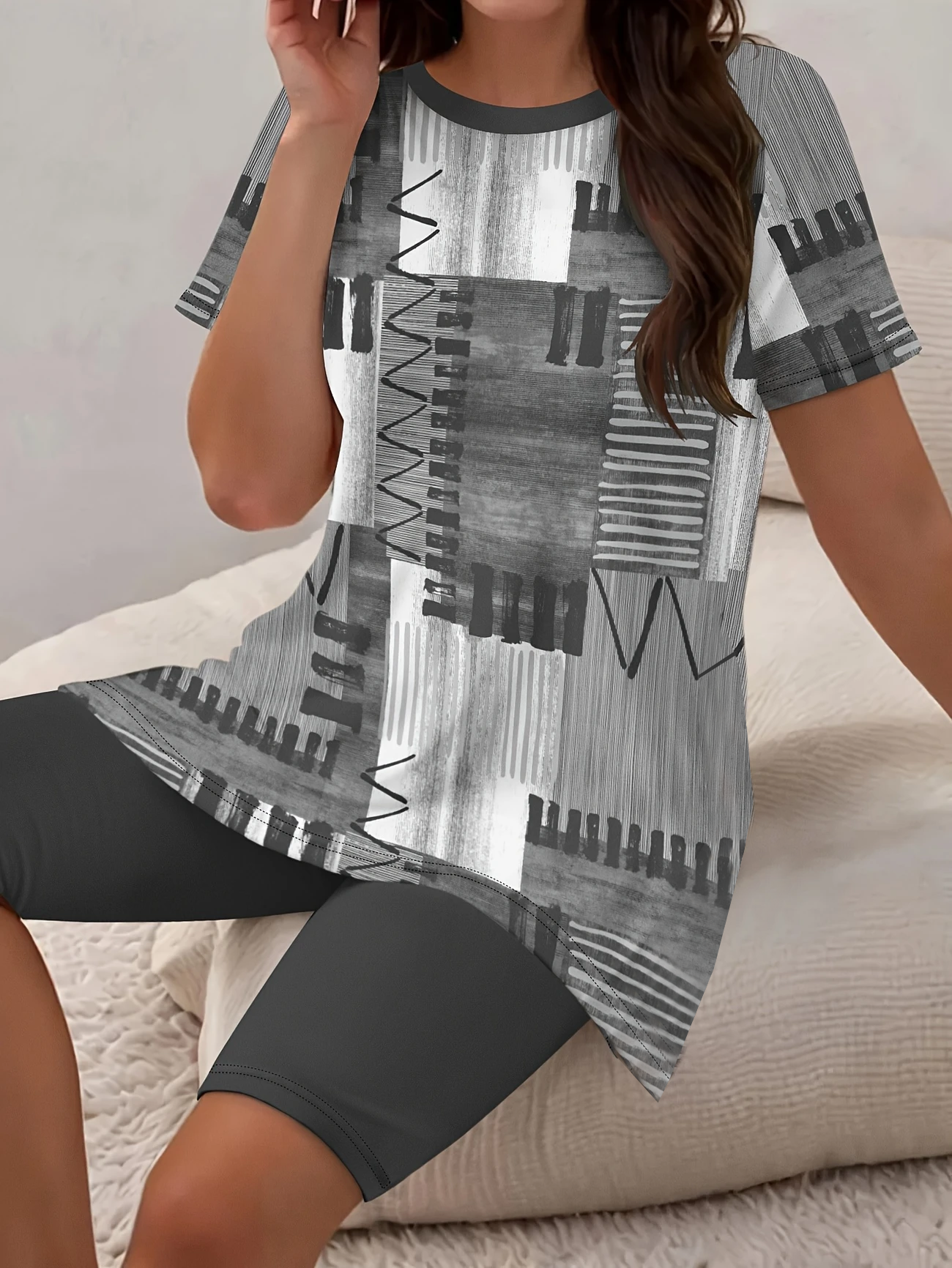 Damen Abstrakt Print Zweiteiliges Set Täglich Kurzarm Lässig Sommer Bluse mit Hose Matching Set