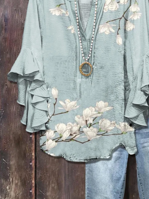 Damen Geblümt Halbarm Bluse Sommer Print V-Ausschnitt Täglich Lässig Oberteile