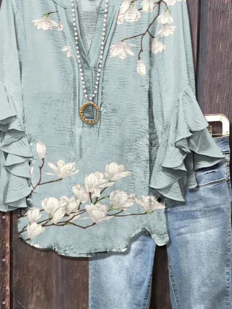 Damen Geblümt Halbarm Bluse Sommer Print V-Ausschnitt Täglich Lässig Oberteile