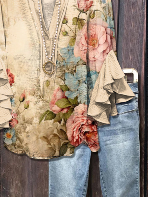 Damen Geblümt Halbarm Bluse Sommer Print V-Ausschnitt Täglich Lässig Oberteile