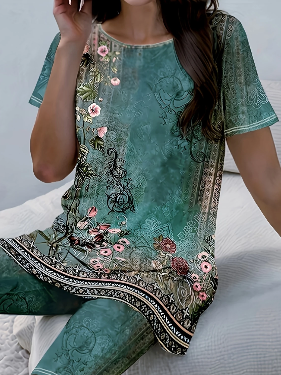 Damen Geblümt Print Zweiteiliges Set Täglich Kurzarm Lässig Sommer Bluse mit Hose Matching Set