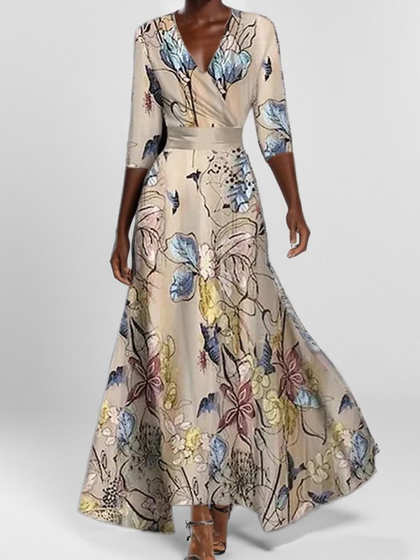 Damen Geblümt Kurzarm Sommer Print Kleid V-Ausschnitt Täglich Retro Maxikleid Tanktop A-Linien-Kleid