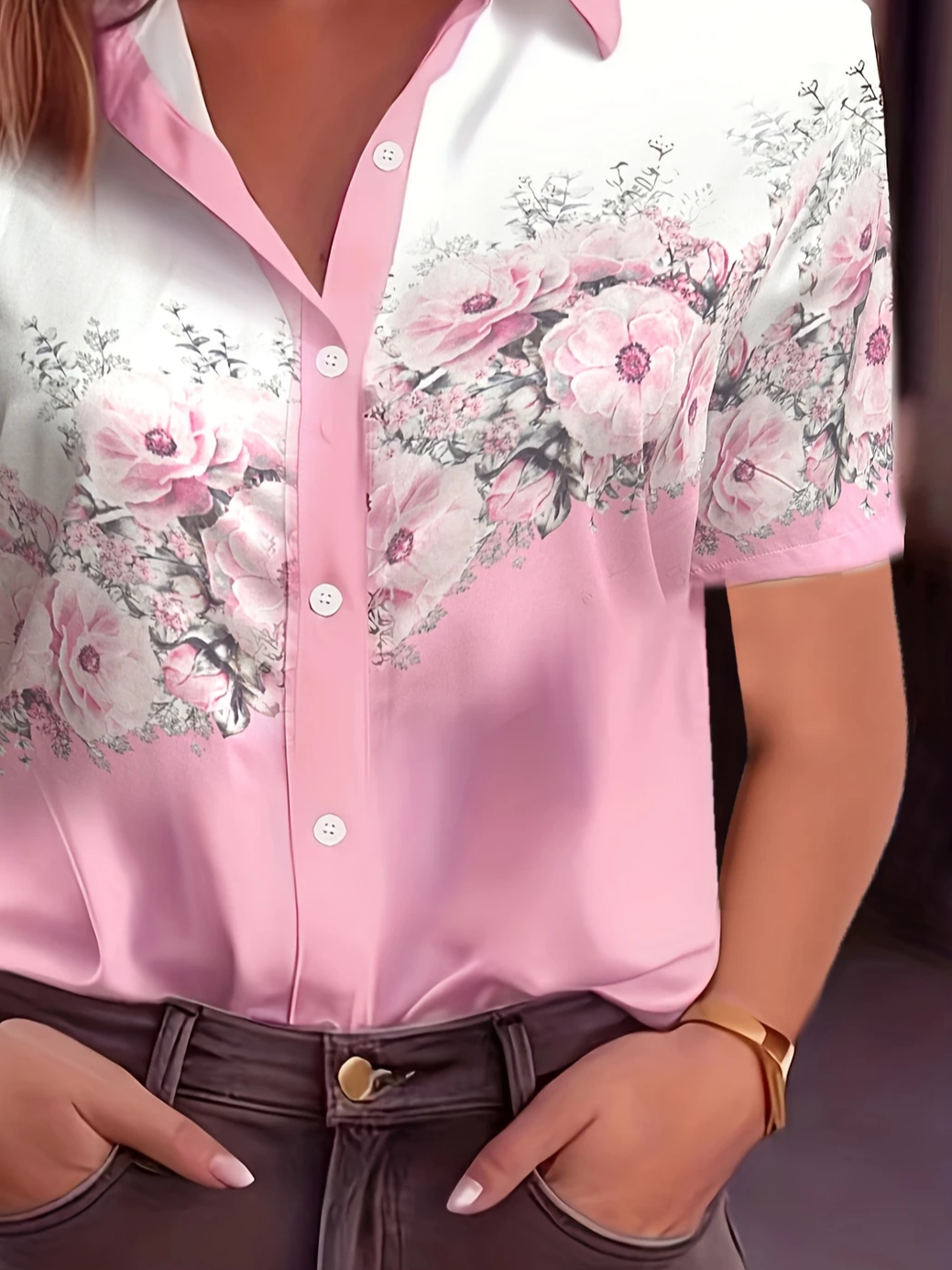 Damen Geblümt Kurzarm Bluse Sommer Print Hemdkragen Täglich Lässig Oberteile