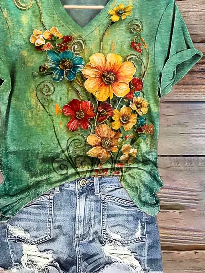 Damen Geblümt Kurzarm T-Shirts T-Shirt V-Ausschnitt Print Lässig Sommer T-Shirt mit Grafik Oberteile