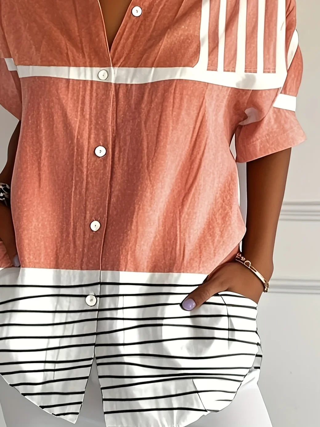 Damen Gestreift Kurzarm Bluse Sommer Print Hemdkragen Täglich Lässig Oberteile
