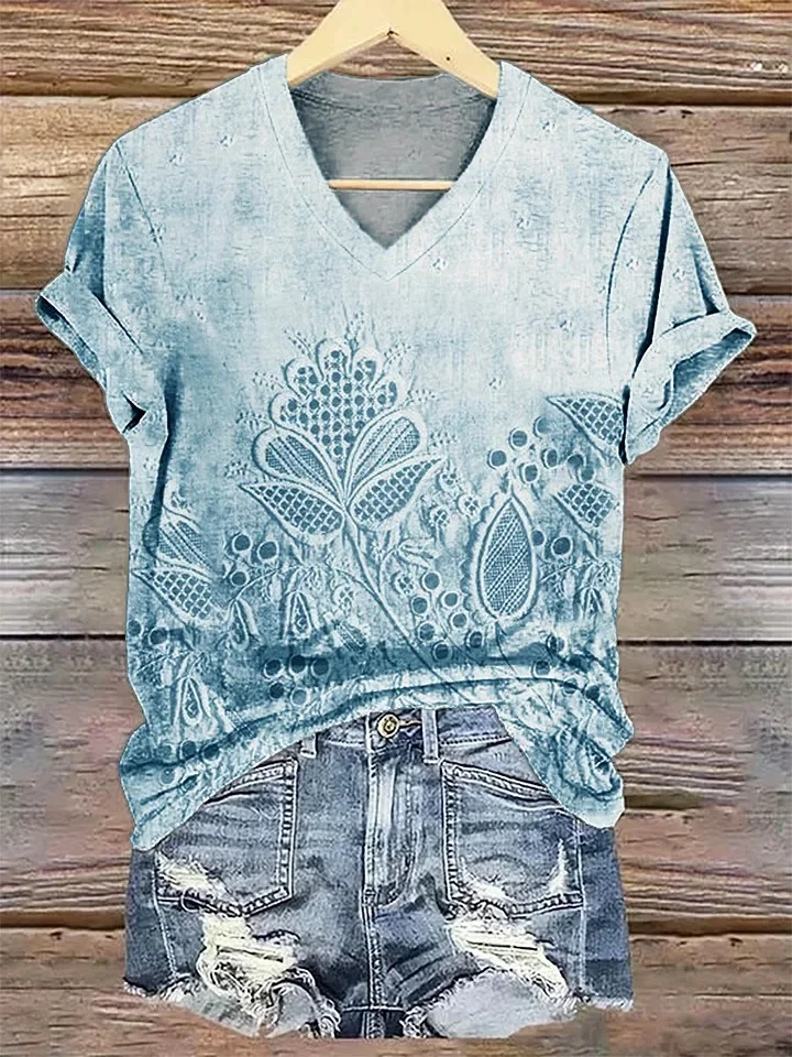 Damen Geblümt Kurzarm T-Shirts T-Shirt V-Ausschnitt Print Lässig Sommer T-Shirt mit Grafik Oberteile