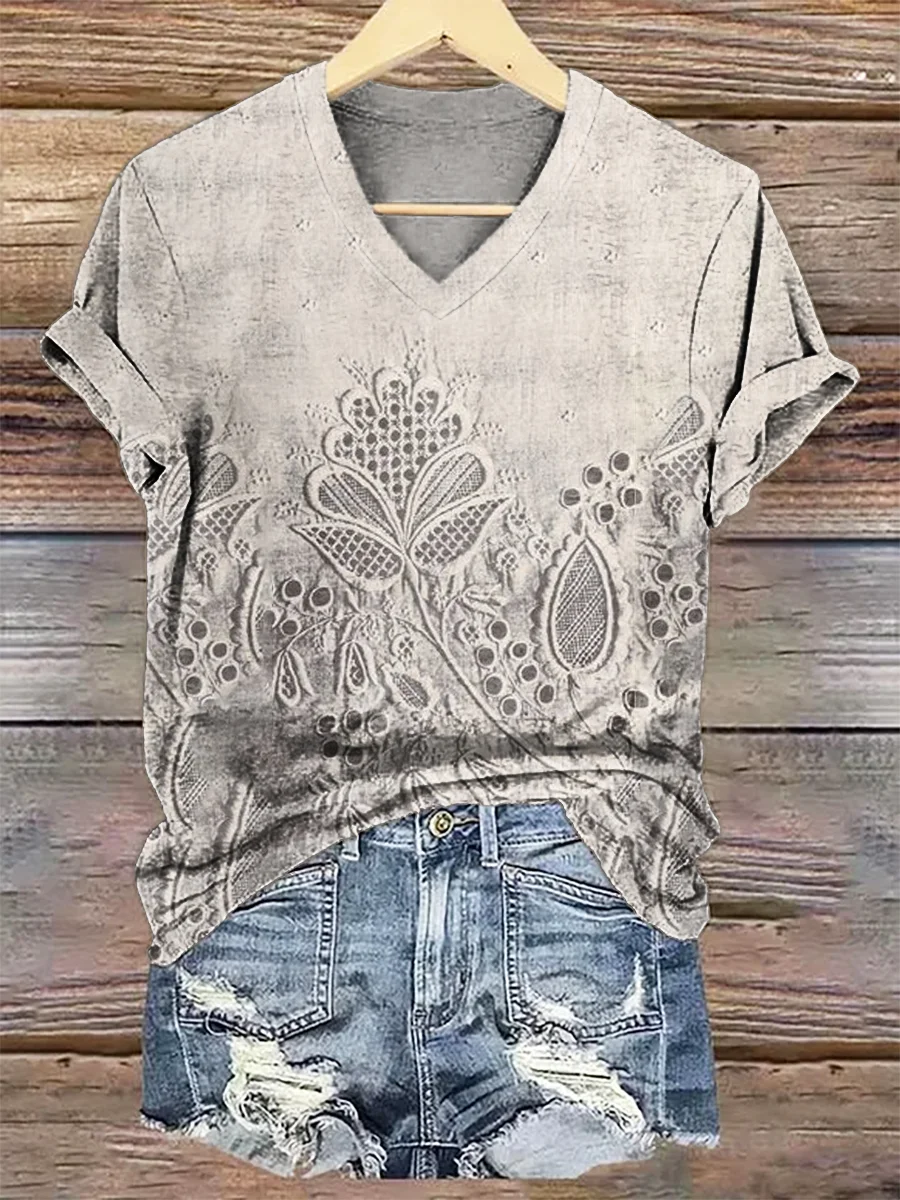 Damen Geblümt Kurzarm T-Shirts T-Shirt V-Ausschnitt Print Lässig Sommer T-Shirt mit Grafik Oberteile