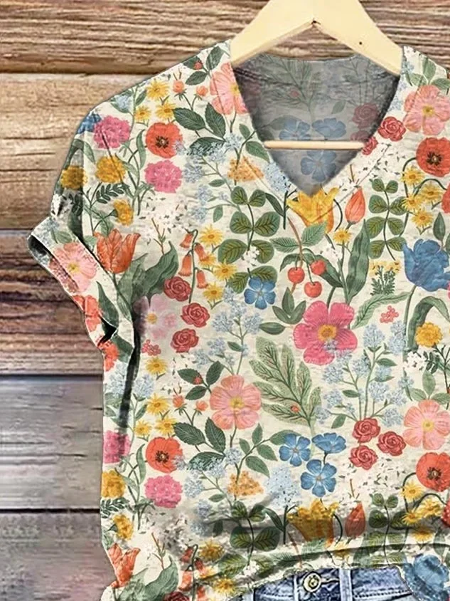 Damen Geblümt Kurzarm T-Shirts T-Shirt V-Ausschnitt Print Lässig Sommer T-Shirt mit Grafik Oberteile
