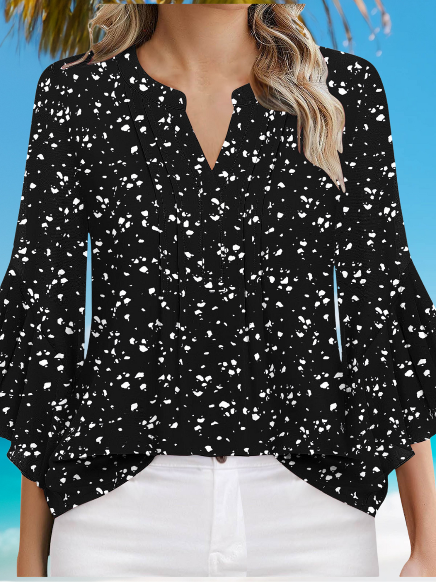 Damen Unifarben Dreiviertelärmel Bluse Frühling/Herbst Print V-Ausschnitt Rüschenärmel Täglich Lässig Oberteile
