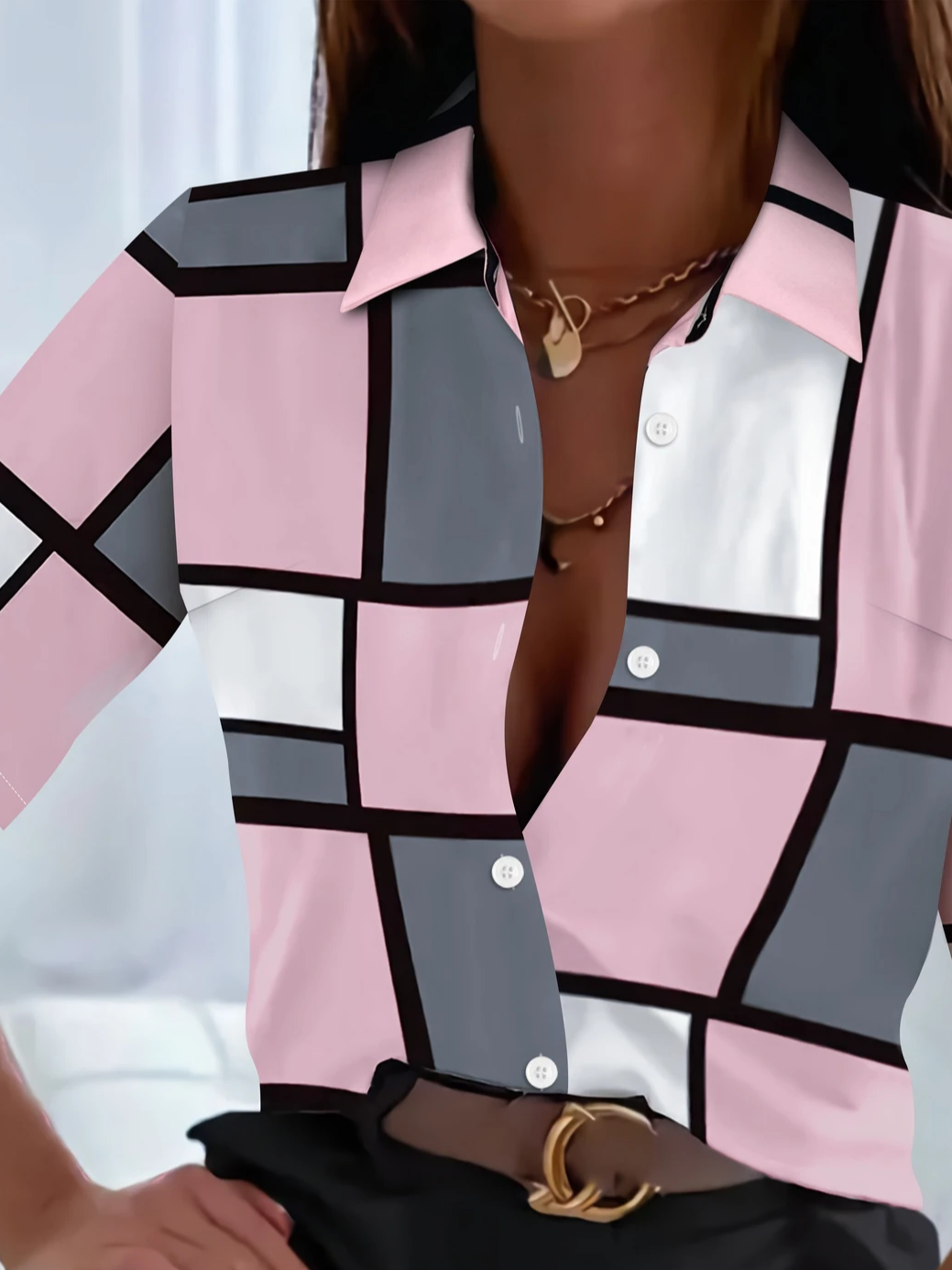 Damen Kariert Kurzarm Bluse Sommer Print Hemdkragen Täglich Lässig Oberteile