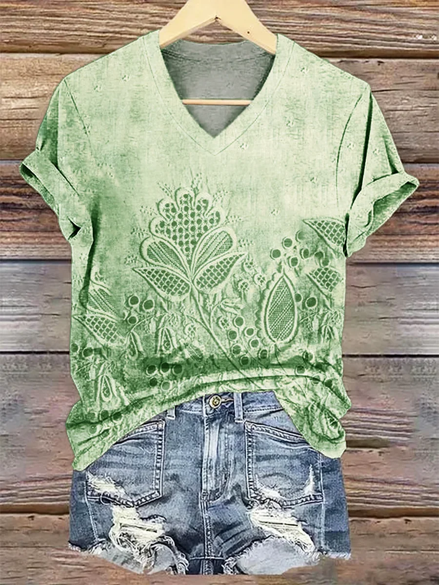 Damen Geblümt Kurzarm T-Shirts T-Shirt V-Ausschnitt Print Lässig Sommer T-Shirt mit Grafik Oberteile