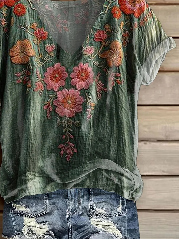Damen Geblümt Kurzarm T-Shirts T-Shirt V-Ausschnitt Print Lässig Sommer T-Shirt mit Grafik Oberteile