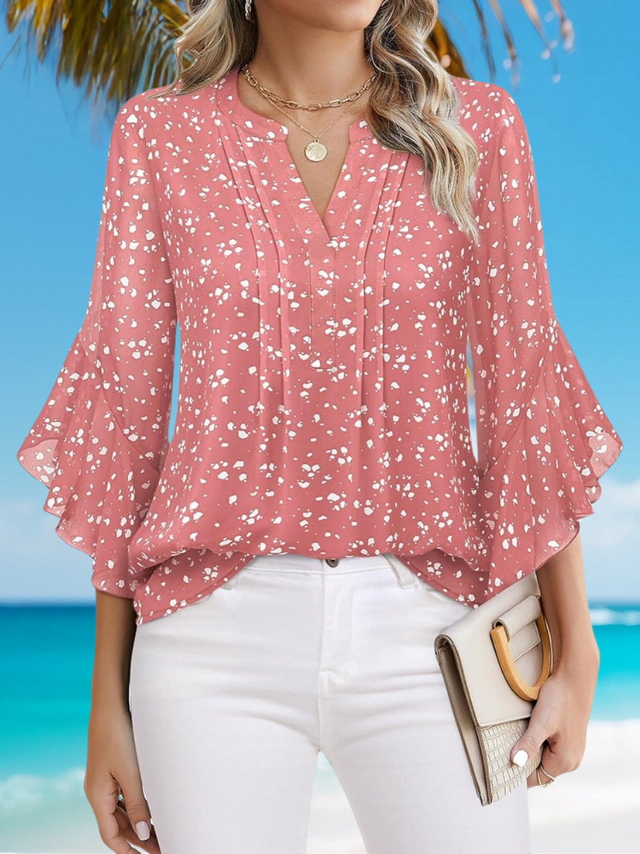 Damen Unifarben Dreiviertelärmel Bluse Frühling/Herbst Print V-Ausschnitt Rüschenärmel Täglich Lässig Oberteile