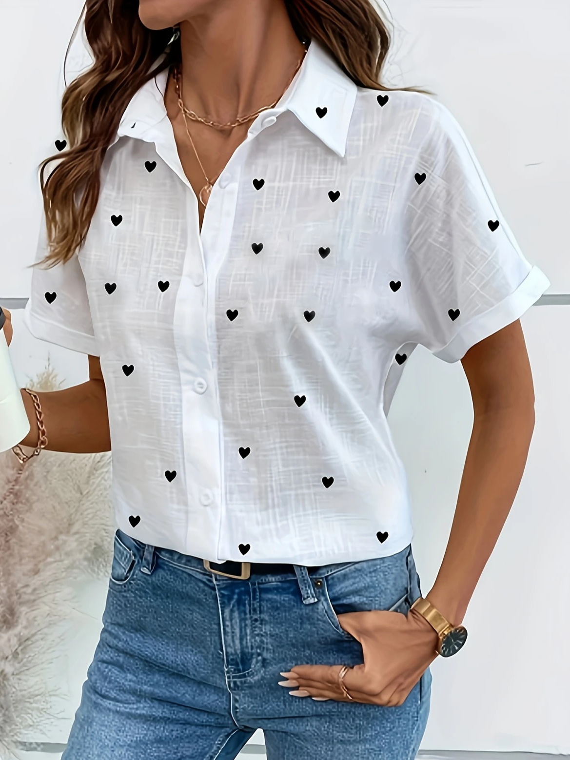 Damen Herz/Herz Kurzarm Bluse Sommer Print Hemdkragen Täglich Lässig Oberteile
