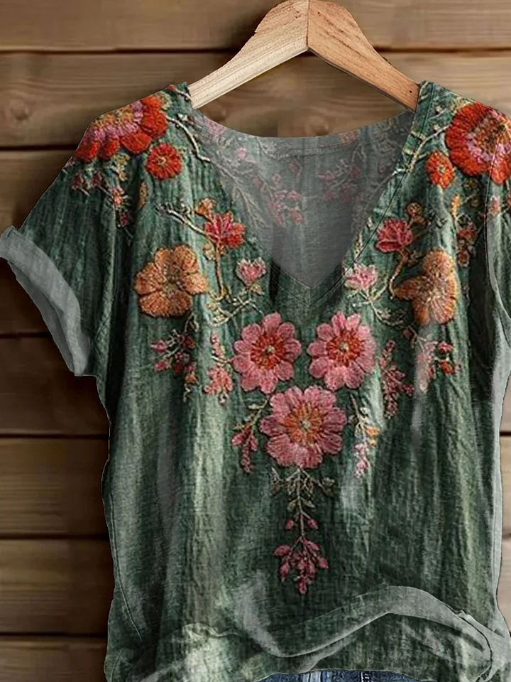 Damen Geblümt Kurzarm T-Shirts T-Shirt V-Ausschnitt Print Lässig Sommer T-Shirt mit Grafik Oberteile