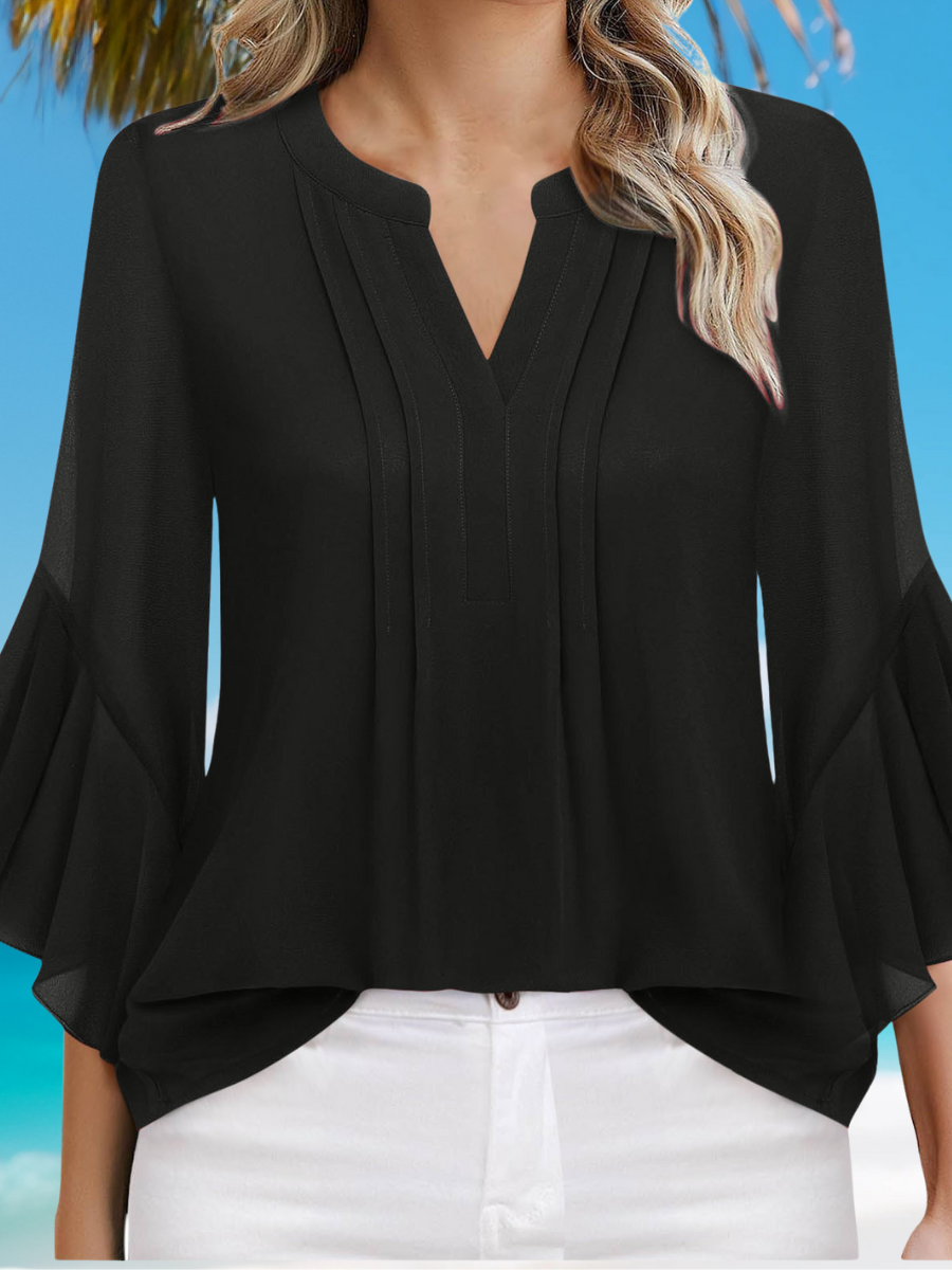 Damen Unifarben Dreiviertelärmel Bluse Frühling/Herbst Print V-Ausschnitt Rüschenärmel Täglich Lässig Oberteile