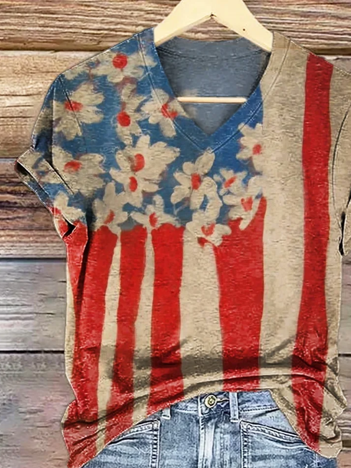 Damen Geblümt Kurzarm T-Shirts T-Shirt V-Ausschnitt Print Lässig Sommer T-Shirt mit Grafik Oberteile