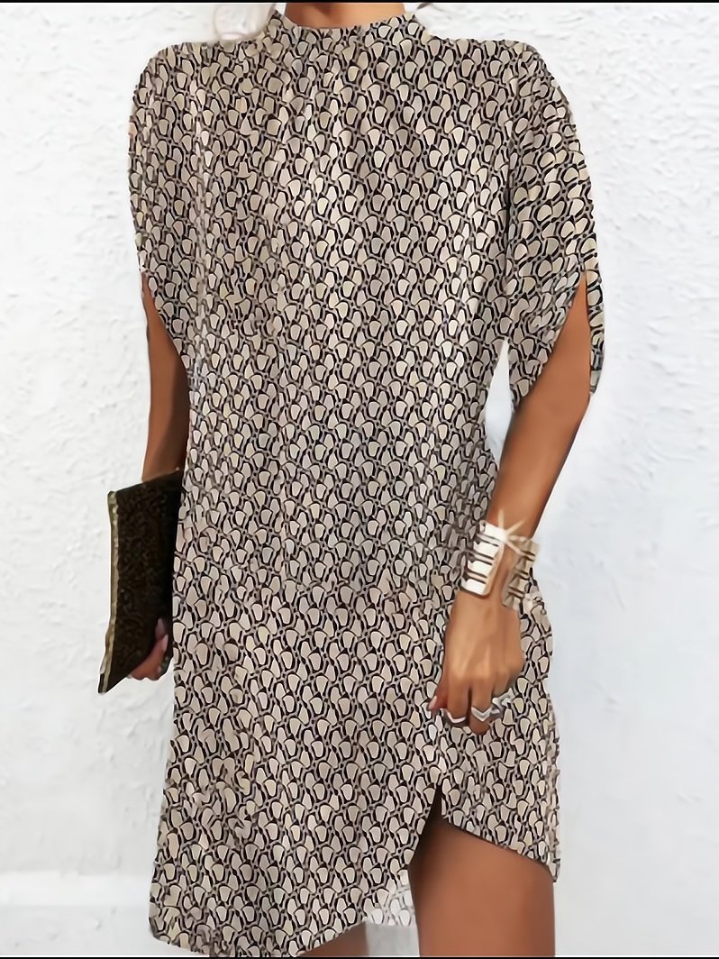 Damen Geometrisch Kurzarm Sommer Print Kleid Rundhals Dolman-Ärmel Täglich Retro Midi Tanktop A-Linien-Kleid