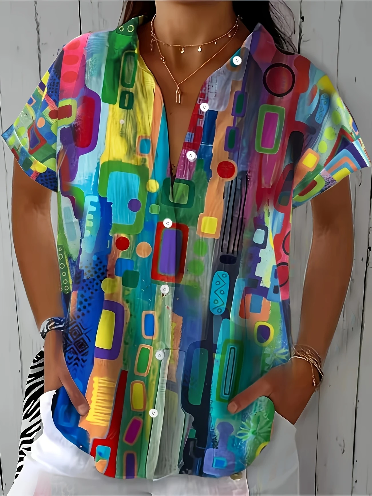 Damen Abstrakt Kurzarm Bluse Sommer Print Hemdkragen Täglich Lässig Oberteile