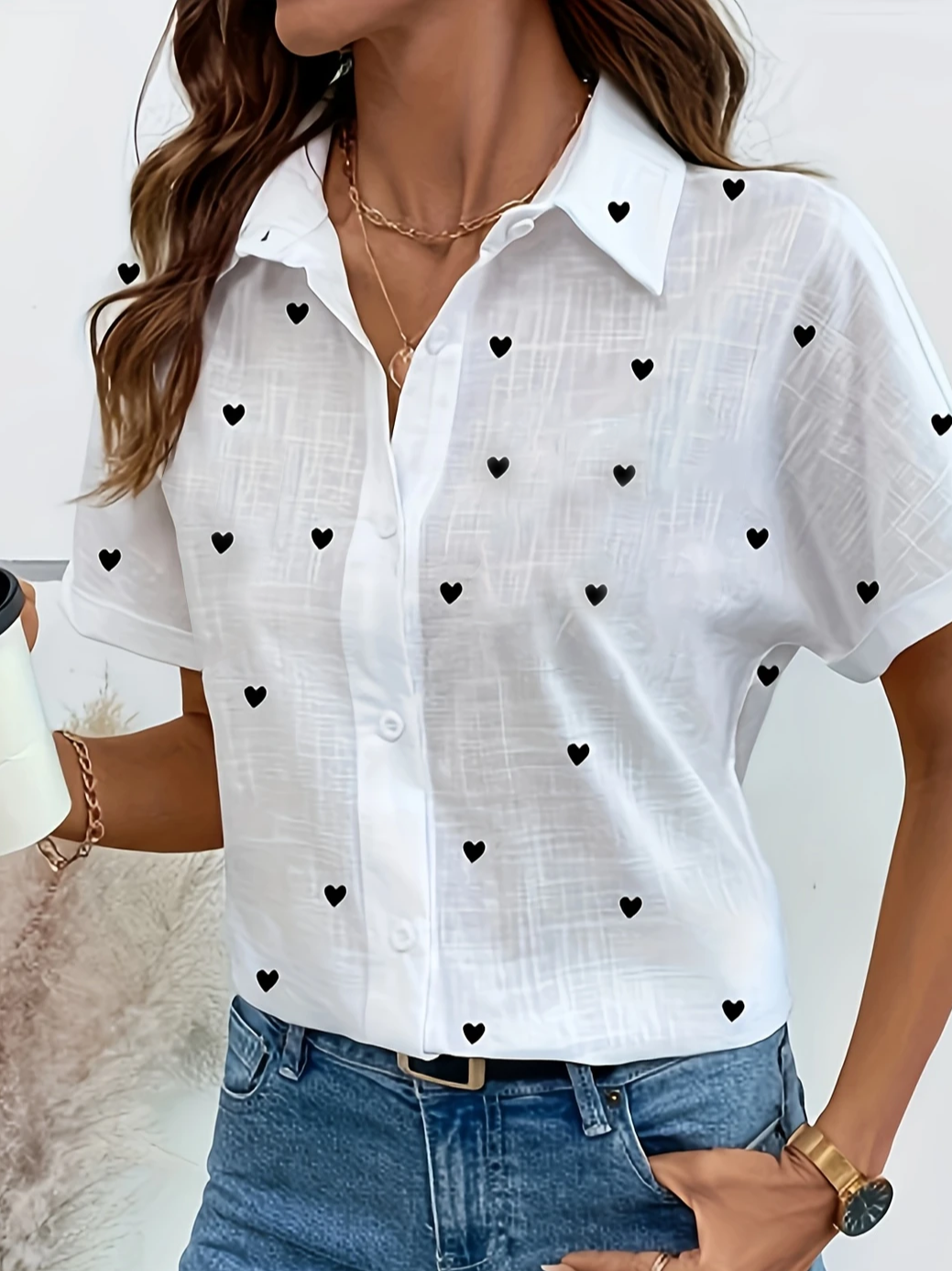 Damen Herz/Herz Kurzarm Bluse Sommer Print Hemdkragen Täglich Lässig Oberteile