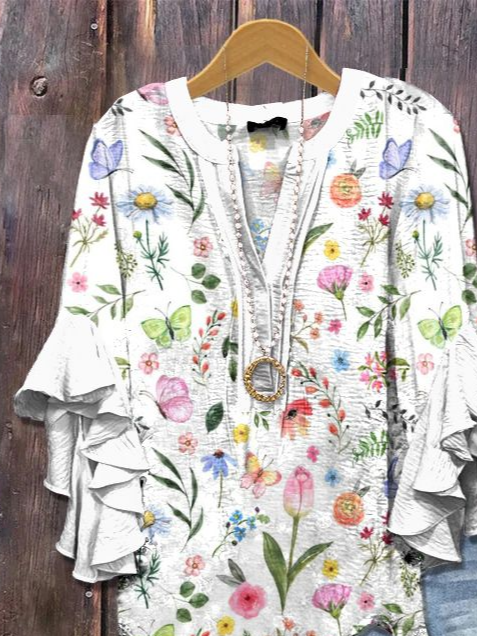 Damen Geblümt Halbarm Bluse Sommer Print V-Ausschnitt Täglich Lässig Oberteile