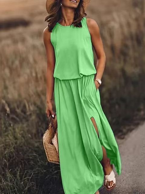 Damen Unifarben Ärmellos Sommer Nahtverarbeitung Kleid Rundhals Täglich Retro Maxikleid Tanktop A-Linien-Kleid