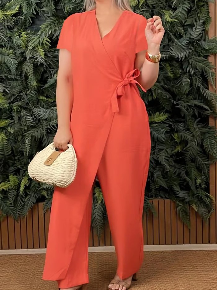 Damen Unifarben V-Ausschnitt Halbarm Lässig Sommer Baumwolle Jumpsuit