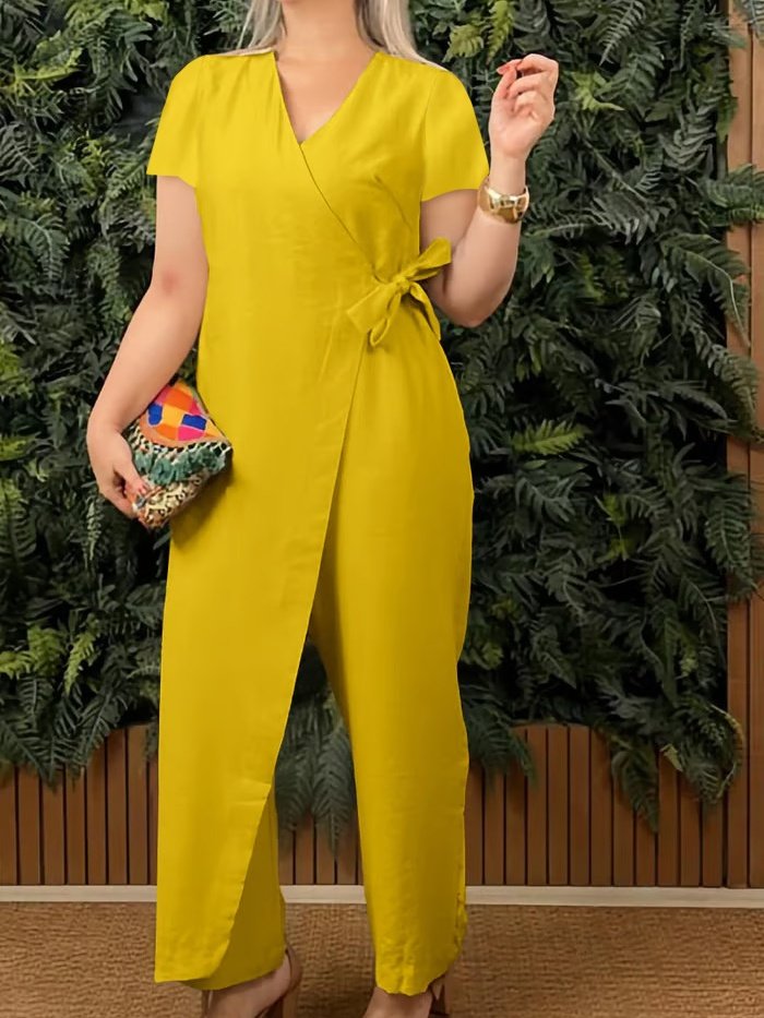 Damen Unifarben V-Ausschnitt Halbarm Lässig Sommer Baumwolle Jumpsuit