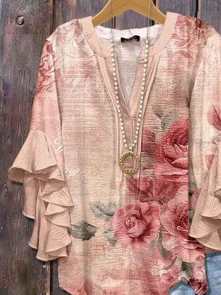 Damen Geblümt Halbarm Bluse Sommer Print V-Ausschnitt Täglich Lässig Oberteile