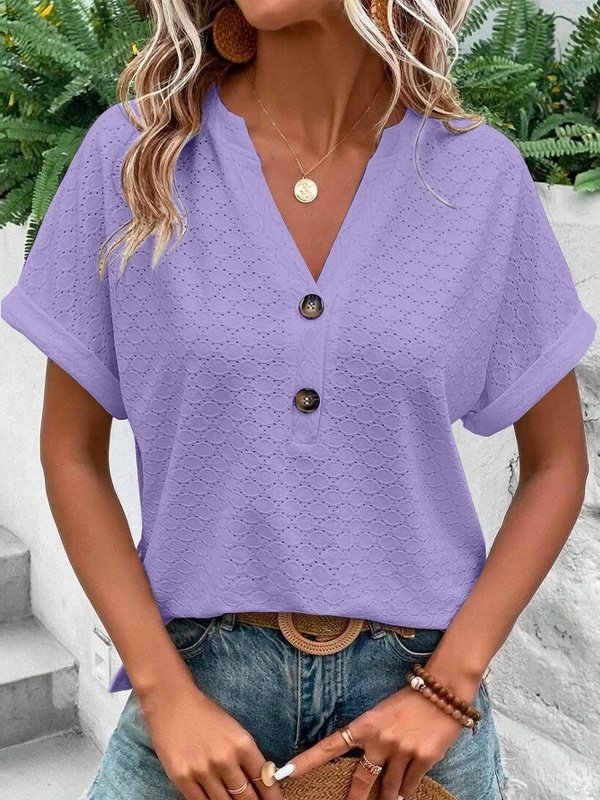 Damen Unifarben Kurzarm T-Shirts T-Shirt V-Ausschnitt Ausgehöhlt Lässig Sommer Oberteile