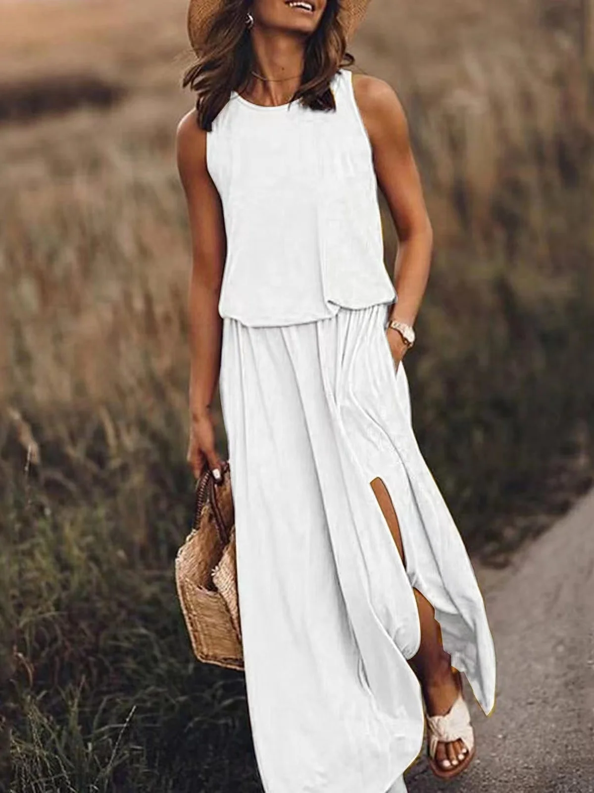 Damen Unifarben Ärmellos Sommer Nahtverarbeitung Kleid Rundhals Täglich Retro Maxikleid Tanktop A-Linien-Kleid