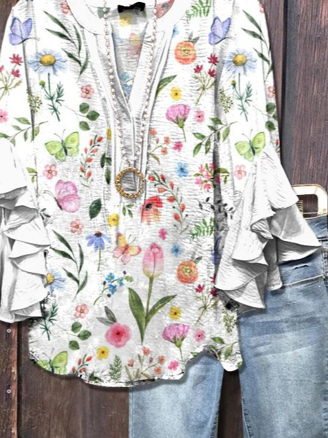 Damen Geblümt Halbarm Bluse Sommer Print V-Ausschnitt Täglich Lässig Oberteile