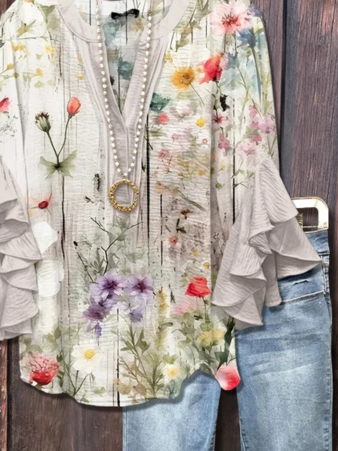Damen Geblümt Halbarm Bluse Sommer Print V-Ausschnitt Täglich Lässig Oberteile