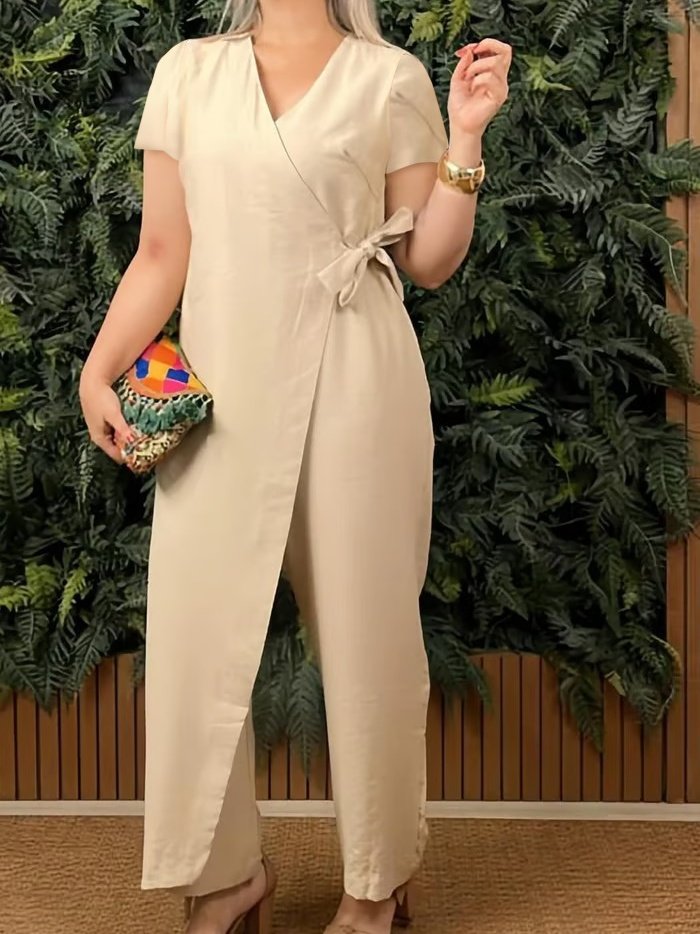 Damen Unifarben V-Ausschnitt Halbarm Lässig Sommer Baumwolle Jumpsuit