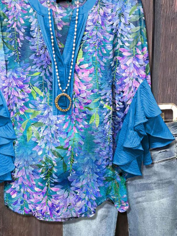 Damen Geblümt Halbarm Bluse Sommer Print V-Ausschnitt Täglich Lässig Oberteile