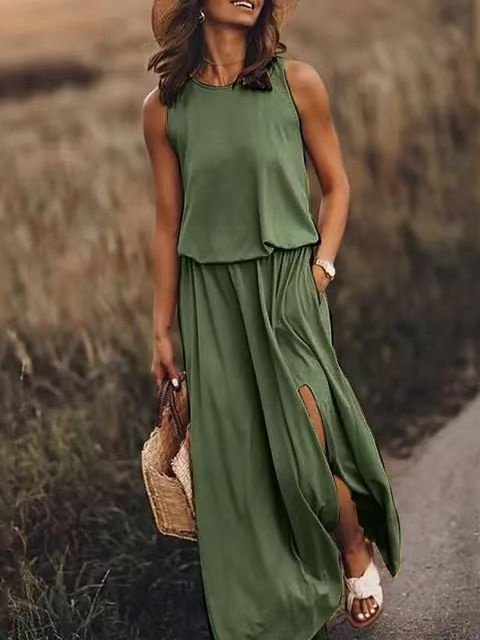 Damen Unifarben Ärmellos Sommer Nahtverarbeitung Kleid Rundhals Täglich Retro Maxikleid Tanktop A-Linien-Kleid