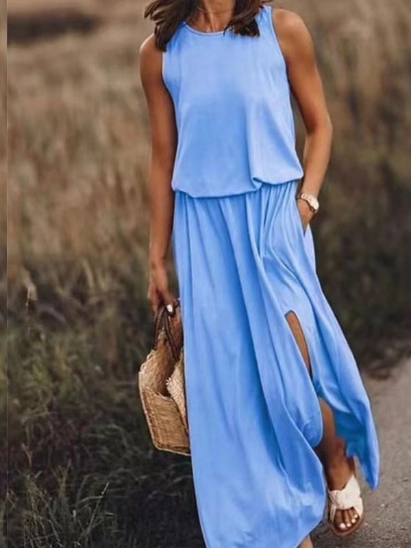 Damen Unifarben Ärmellos Sommer Nahtverarbeitung Kleid Rundhals Täglich Retro Maxikleid Tanktop A-Linien-Kleid