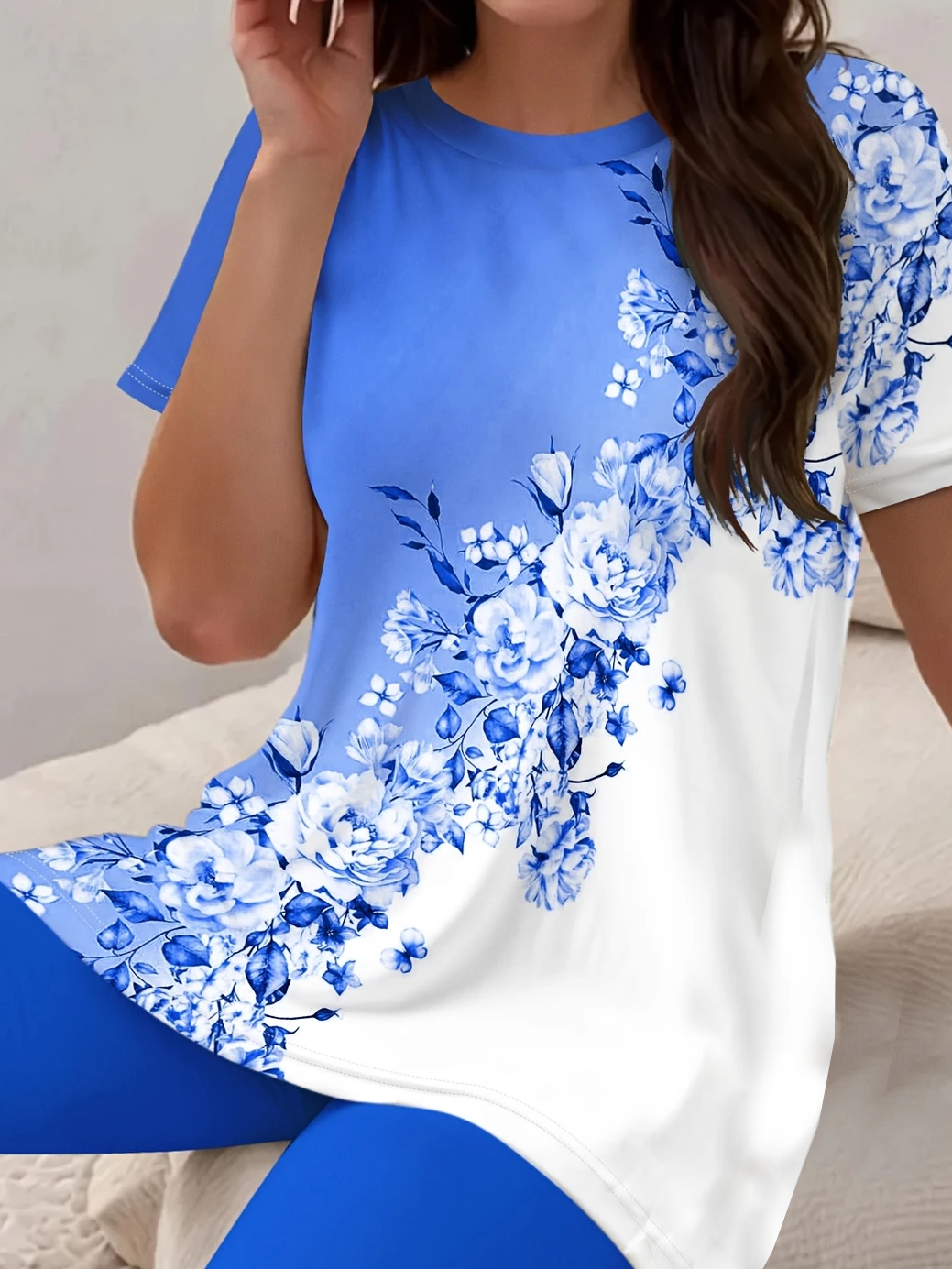 Damen Geblümt Print Zweiteiliges Set Täglich Kurzarm Lässig Sommer Bluse mit Hose Matching Set