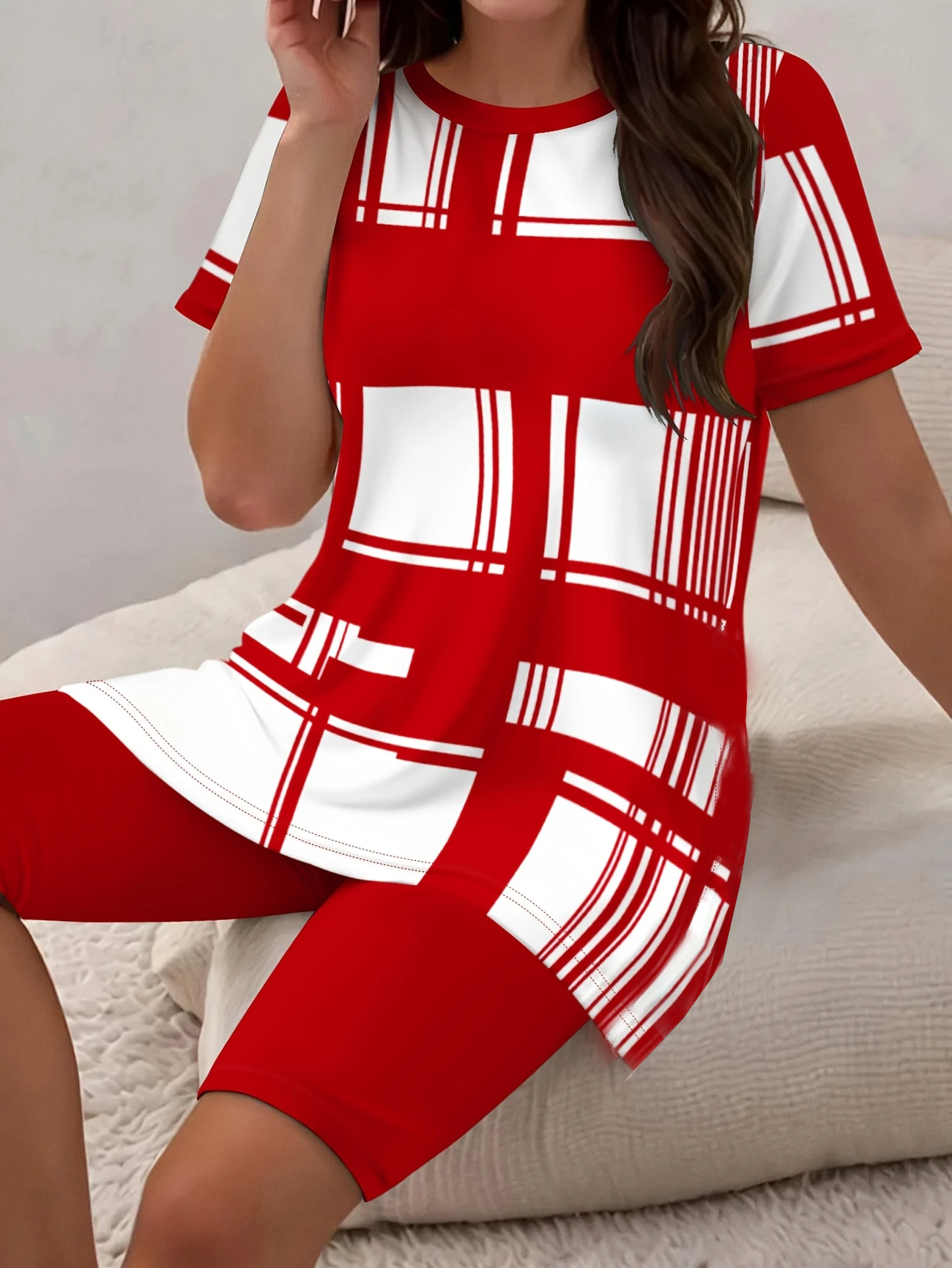 Damen Abstrakt Print Zweiteiliges Set Täglich Kurzarm Lässig Sommer Bluse mit Hose Matching Set