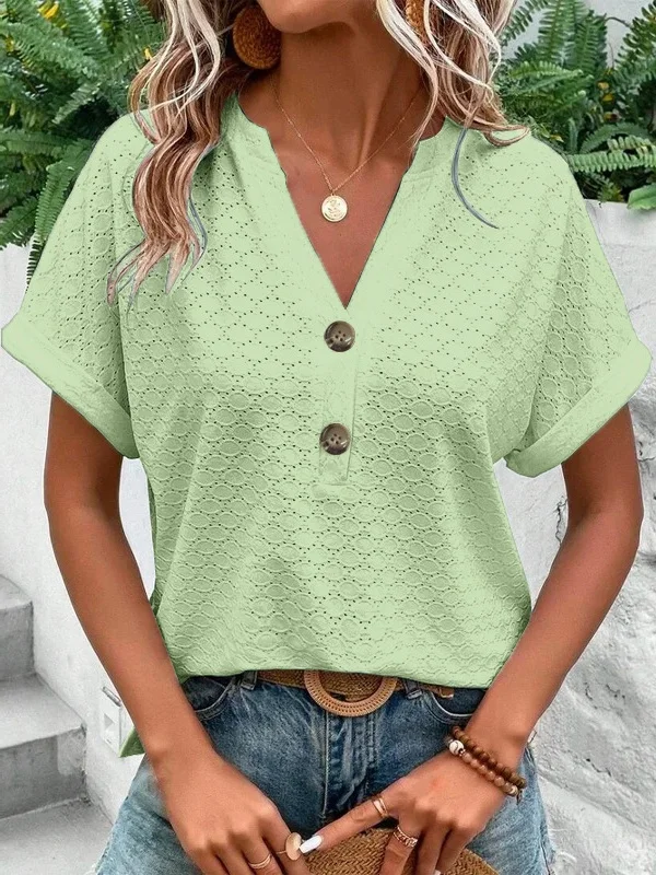 Damen Unifarben Kurzarm T-Shirts T-Shirt V-Ausschnitt Ausgehöhlt Lässig Sommer Oberteile
