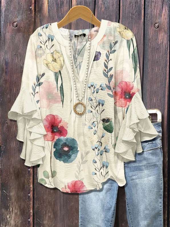 Damen Geblümt Halbarm Bluse Sommer Print V-Ausschnitt Täglich Lässig Oberteile