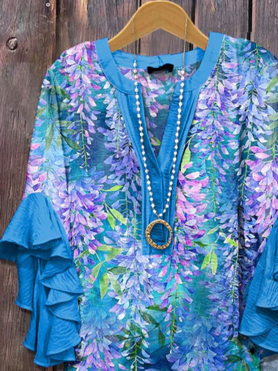 Damen Geblümt Halbarm Bluse Sommer Print V-Ausschnitt Täglich Lässig Oberteile