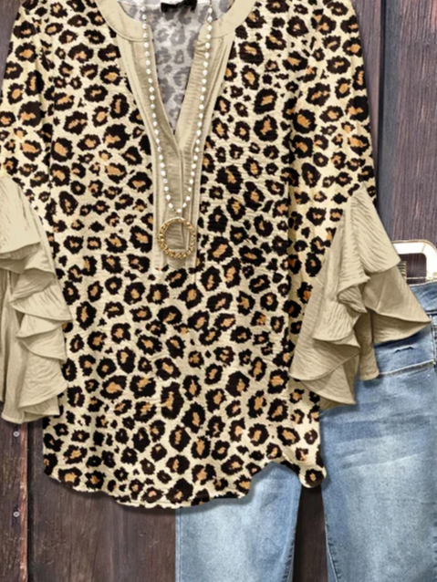 Damen Leopard Halbarm Bluse Sommer Print V-Ausschnitt Täglich Lässig Oberteile