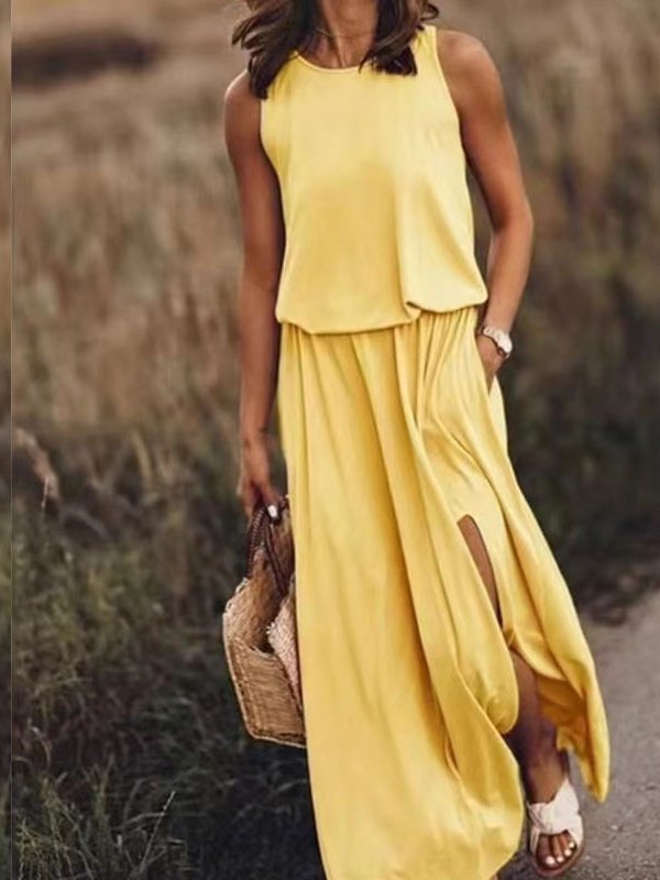 Damen Unifarben Ärmellos Sommer Nahtverarbeitung Kleid Rundhals Täglich Retro Maxikleid Tanktop A-Linien-Kleid