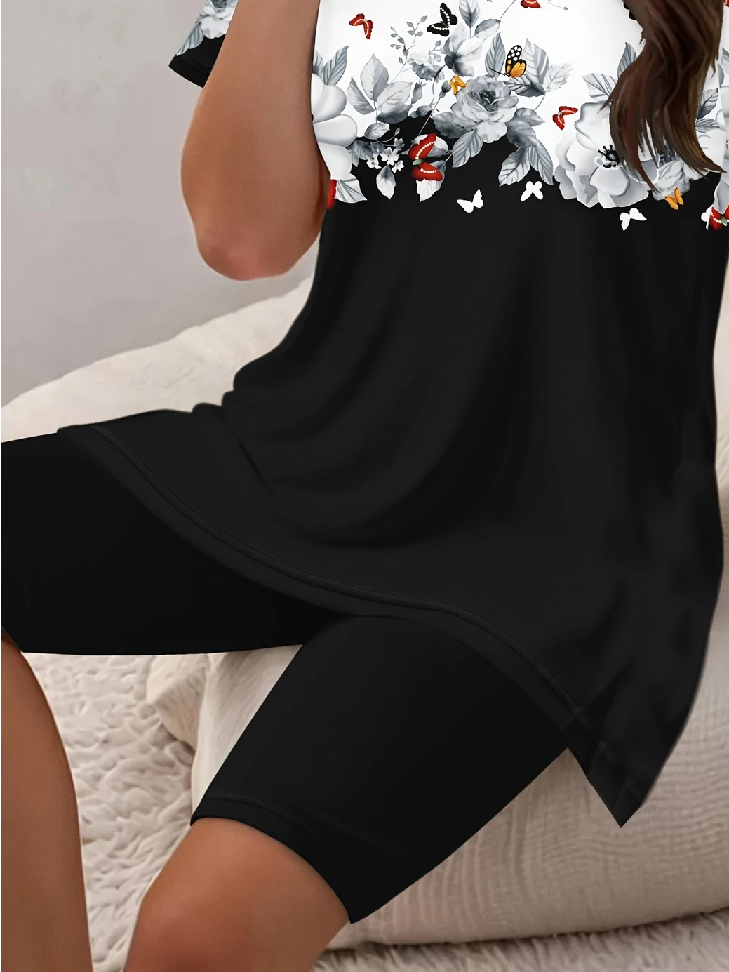 Damen Geblümt Print Zweiteiliges Set Täglich Kurzarm Lässig Sommer Bluse mit Hose Matching Set