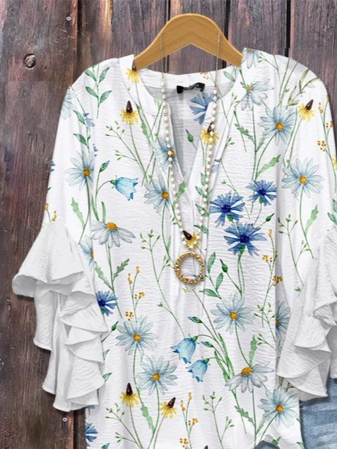 Damen Geblümt Halbarm Bluse Sommer Print V-Ausschnitt Täglich Lässig Oberteile
