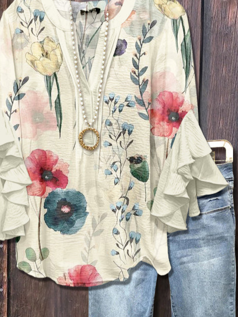 Damen Geblümt Halbarm Bluse Sommer Print V-Ausschnitt Täglich Lässig Oberteile